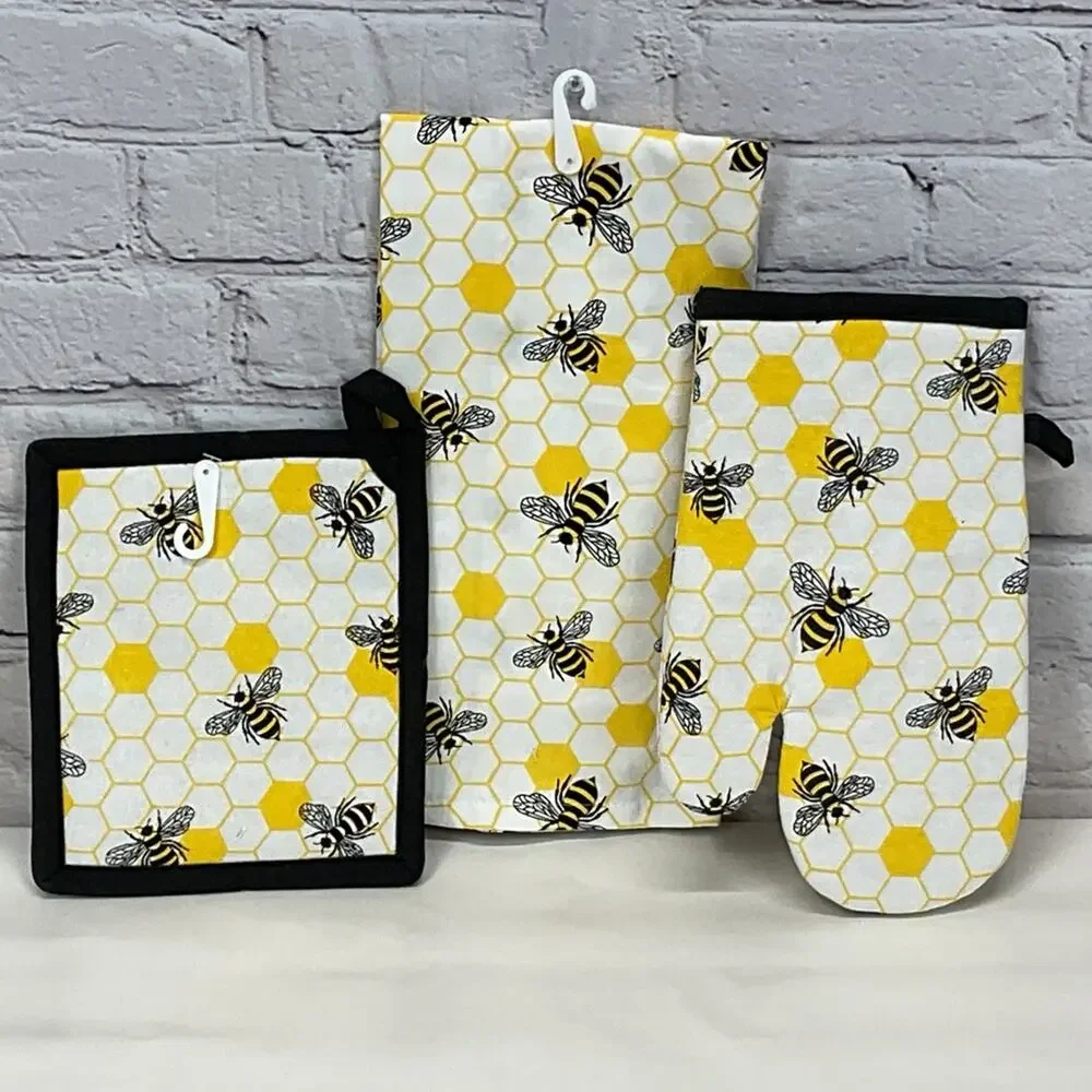 🐝 Bee Theme🐝 Farmhouse Kitchen 3 Pc Set Summer Dish Towel Oven Mitt Pot Holder